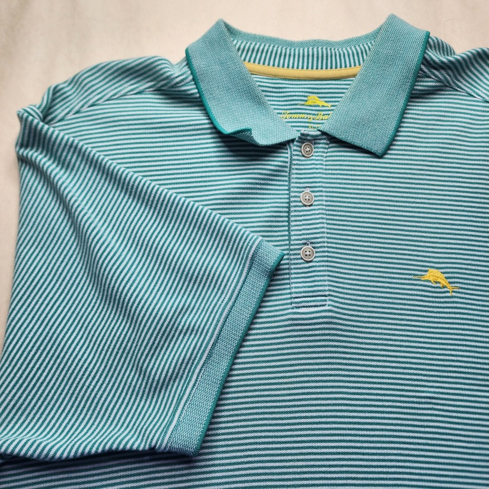 Tommy Bahama Mens XL Teal Striped Supima Cotton Blend Short Sleeve Polo Shirt